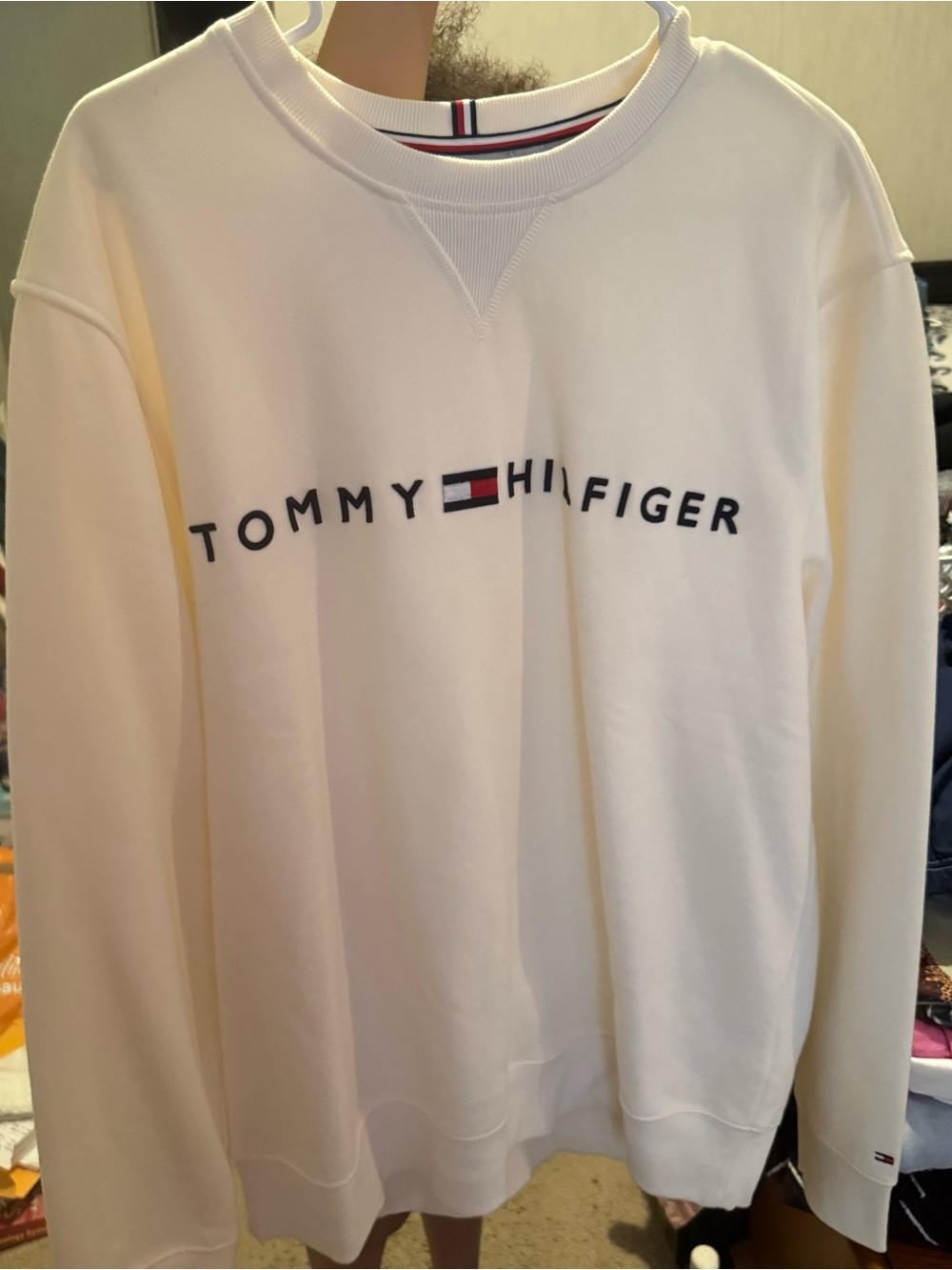 Tommy Hilfiger Cream Crewneck Sweatshirt with Flag Logo